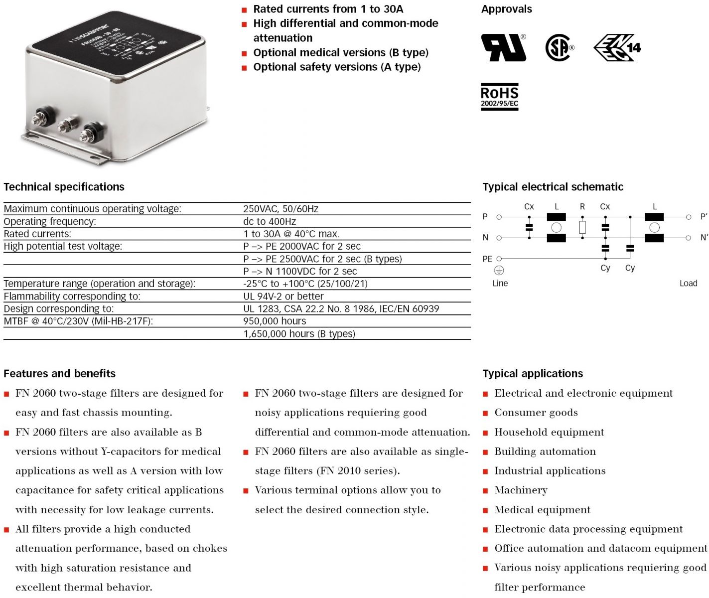 SCHAFFNER MULTISTAGE EMI FILTERS FN2060 SERIES רכיבי חשמל ובקרה